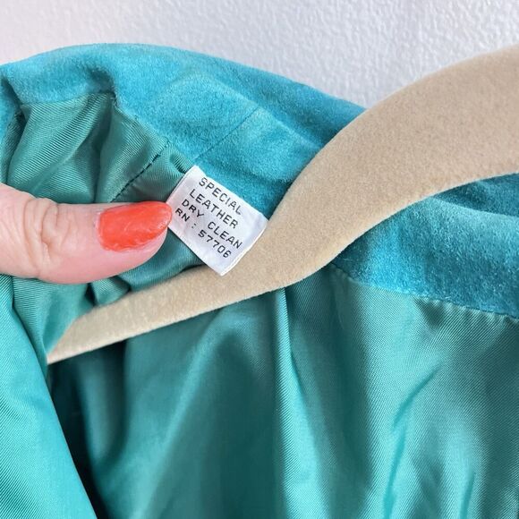 Vtg Herman Geist Suede Teal Blazer 2 Button Front Womens 10 Leather Lined EUC - Picture 2 of 10